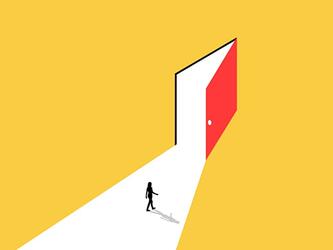 graphic of woman walking towards red open door against yellow background